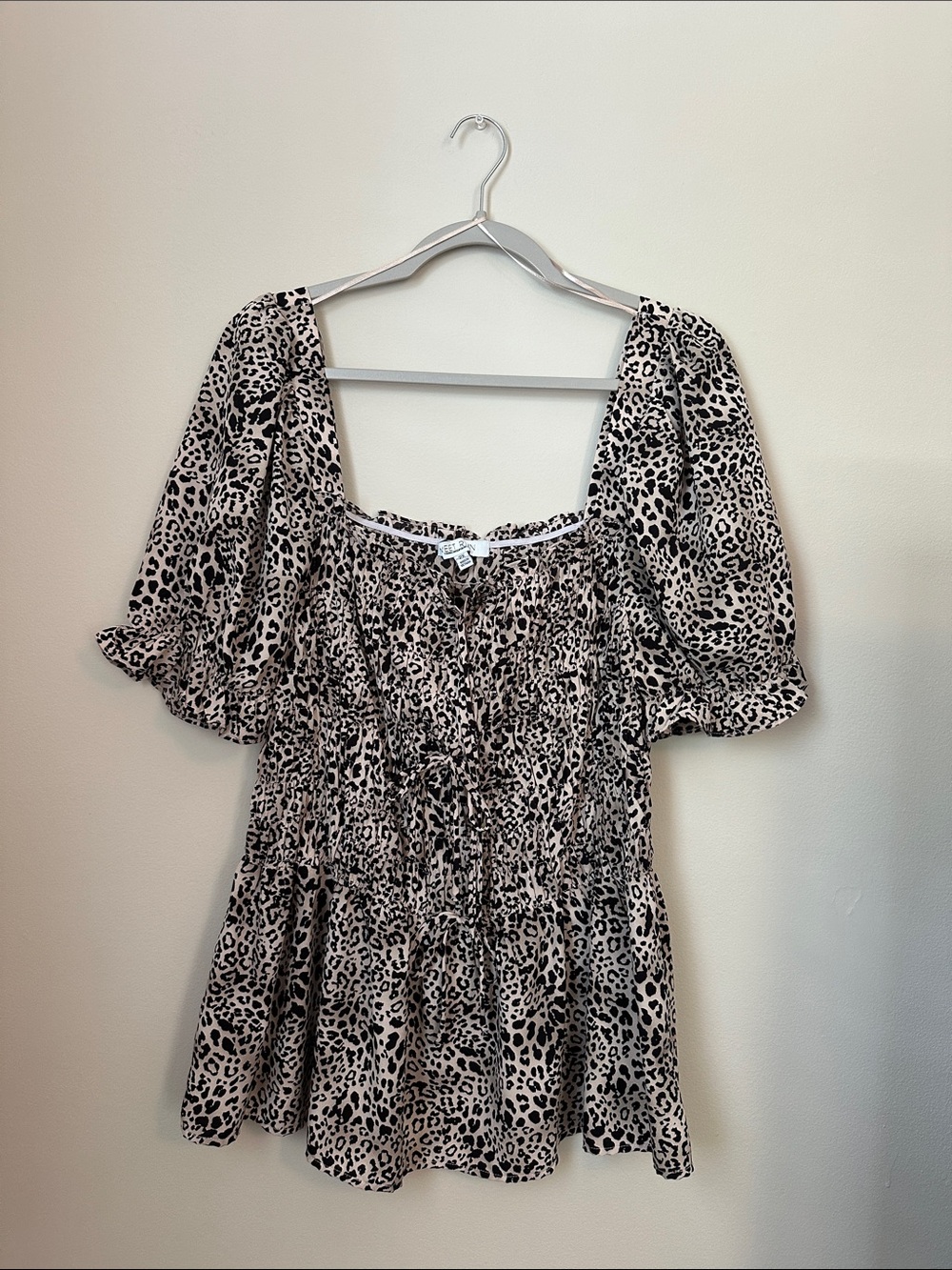 Sweet Rain Leopard Print Smocked Top - Black & Cream
